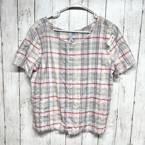 Susina Top Women Size Small Multicolor Plaid Short Sleeve Blouse Raw Hem Casual
